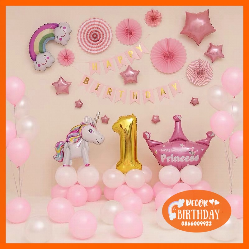 Set Trang Trí Sinh Nhật ️🦄TUỔI NGỰA🦄 Siêu Dễ Thương Cho Bé Gái, Đầy Đủ Như Hình Tặng Kèm Đồ Bơm Băng Dính