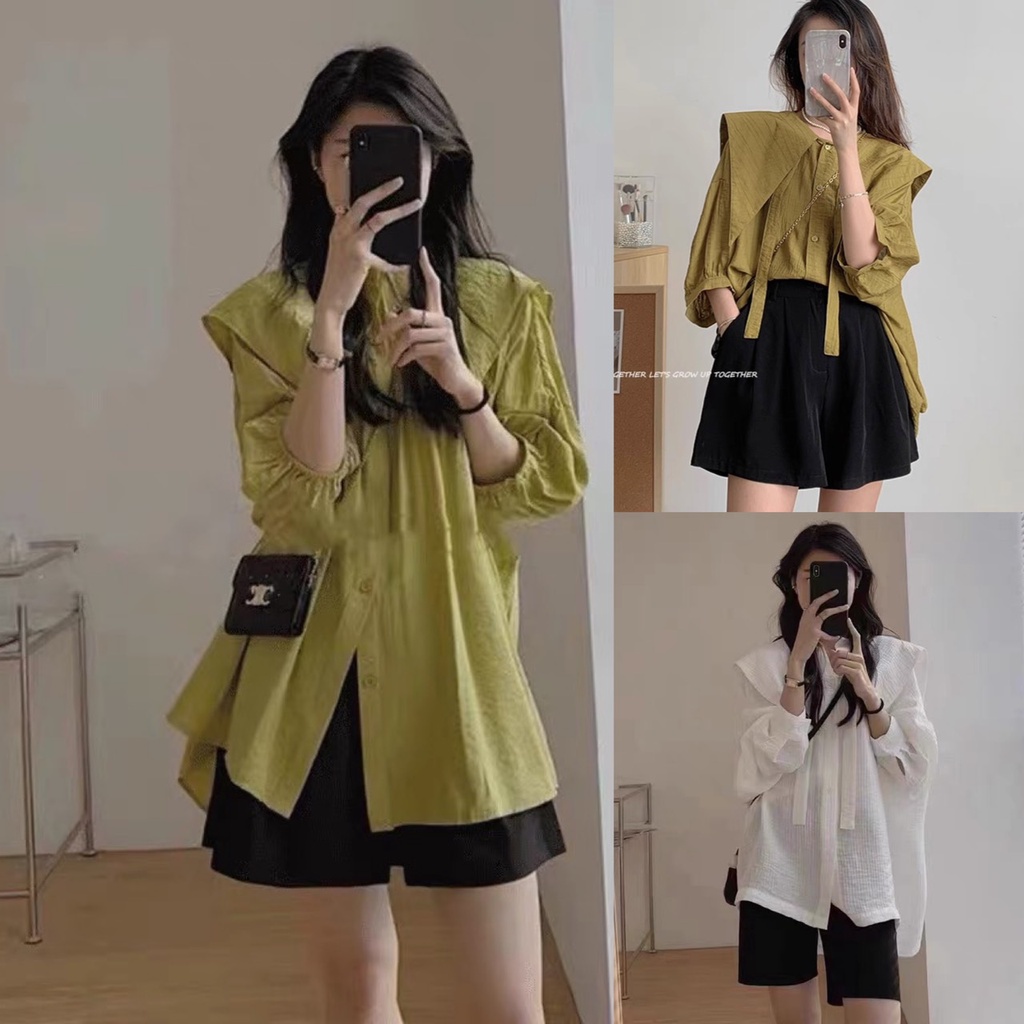 Áo sơ đũi tay lỡ cổ vạt nhọn, áo sơ mi đũi dáng rộng