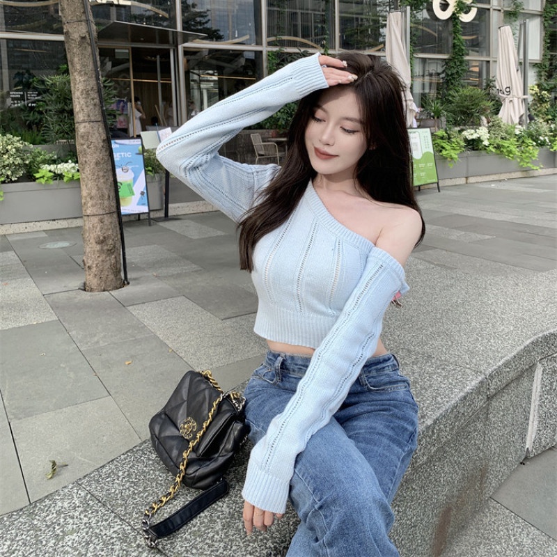 Áo Dệt Kim Trễ Vai Tay Dài Dáng Ôm Thời Trang Mùa Thu Cho Nữ