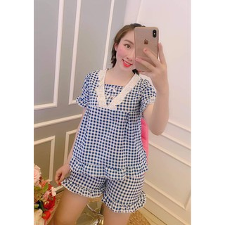 Bộ Ngủ Tiểu Thư Lụa Caro Phối Ren