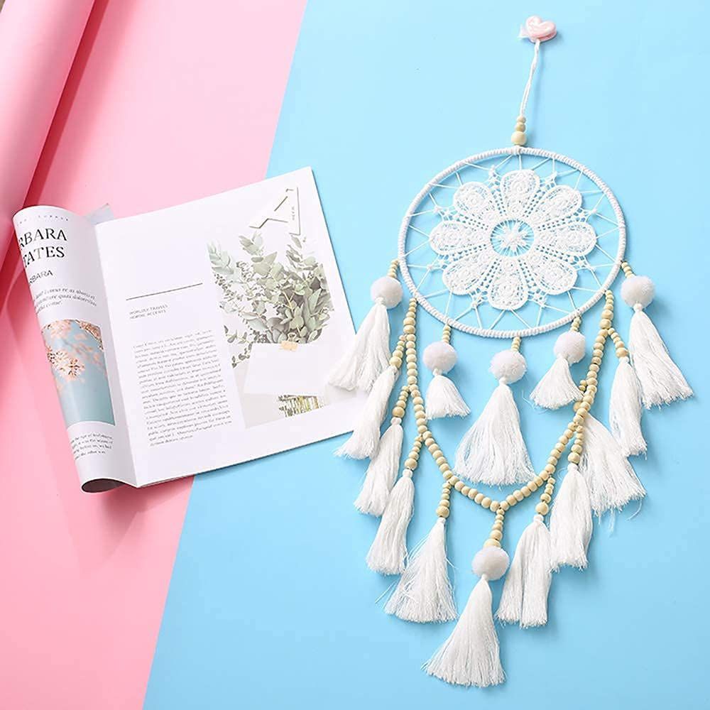 Dreamcatcher màu trắng đính hạt gỗ phối tua rua hình hoa phong cách boho trang trí phòng ngủ / làm quà tặng dễ thương