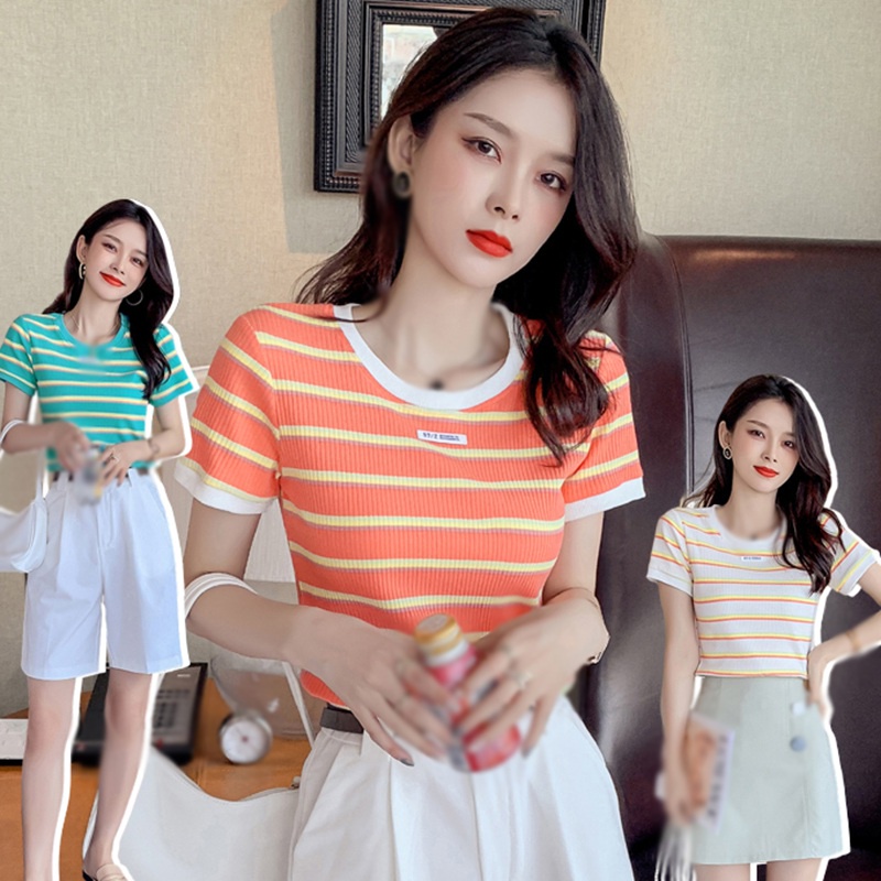 Áo Thun Dệt Kim Tay Ngắn Cổ Tròn Kẻ Sọc Màu Cầu Vồng Dễ Thương Cho Nữ