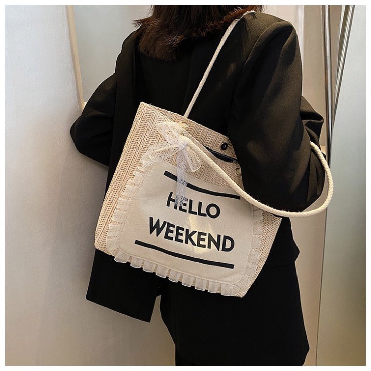 Túi Cói Du Lịch Đi Biển LUHAZO Hello Weekend Phối Ren Sang Chảnh Phong Cách Hàn Quốc