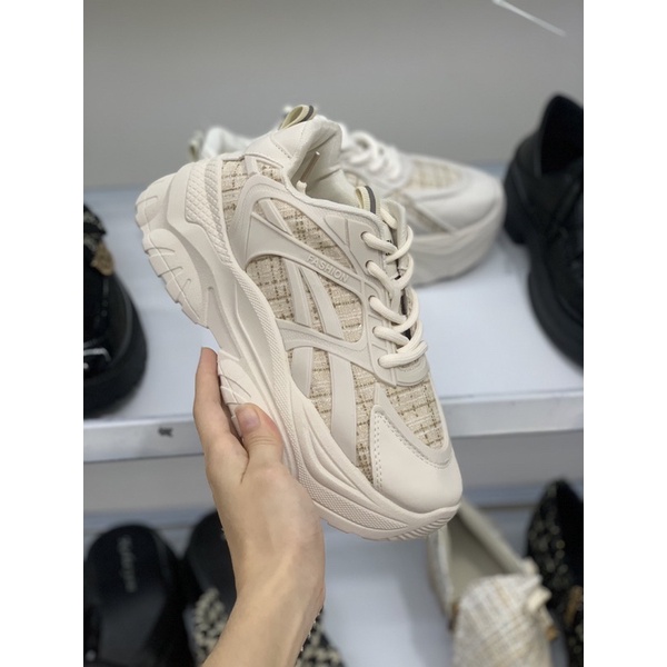 Giày thể thao sneaker nữ Mershi chất vải dạ kẻ phối kim tuyến độn đế 6 cm tăng chiều cao