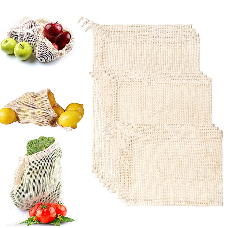 1 Túi Lưới Cotton Hữu Cơ Dây Rút Tái Sử Dụng Được Đựng Rau Củ Quả