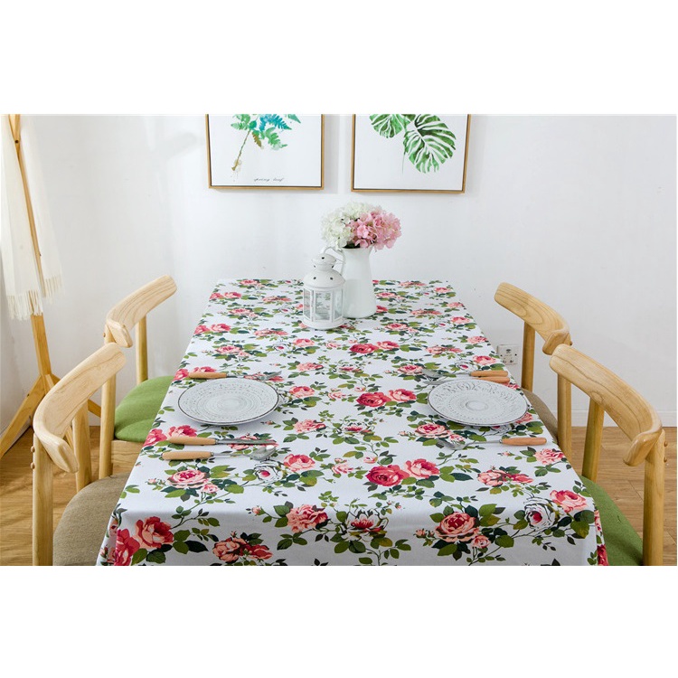 [Size lớn] Khăn trải bàn vải canvas nền trắng dày cao cấp có viền mép hoạ tiết hoa dây đỏ phong cách vintage [[T033]