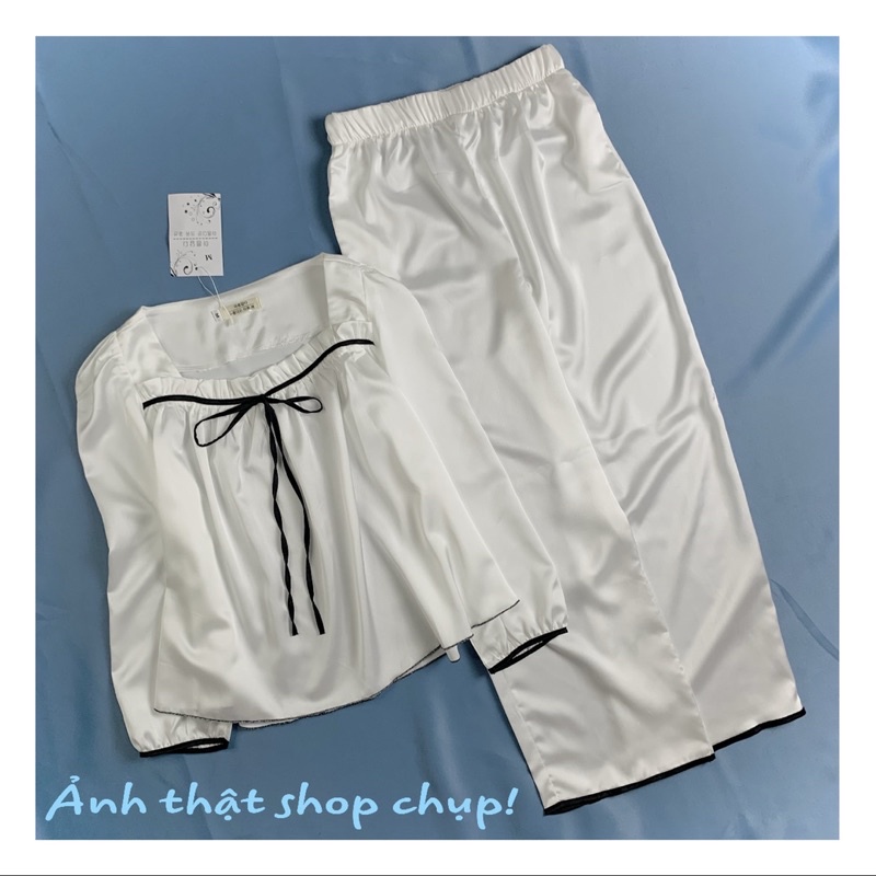 Bộ Ngủ Dài T97 bộ mặc nhà chất Lụa Satin phối viền đen phong cách Hàn Quốc | BigBuy360 - bigbuy360.vn