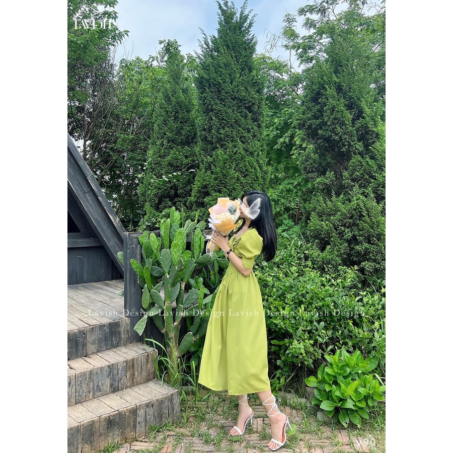 ĐẦM MIDI 2 DÂY CỘT VAI DÚM TAY XẾP