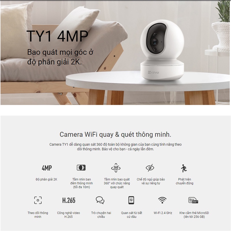 Camera WI-FI Trong nhà EZVIZ TY1-1080P 2MP, TY1 4MP 2K - Cam Kết Hàng Chính Hãng - Bảo Hành 24 Tháng