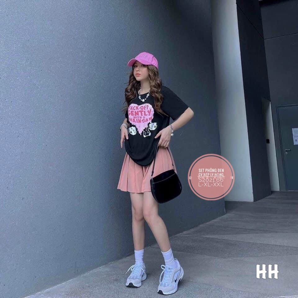Thời trang nữ bigsize . Sét Áo phông chân váy xếp ly hồng Đi ch ,đi làm ,đi học autu hợp, Bigsize L.XL.2xl
