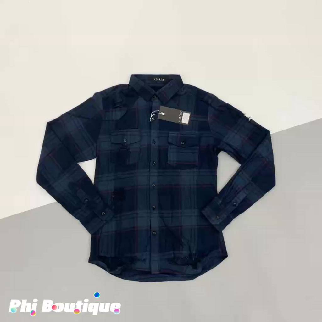 Sơ Mi Kẻ Nam Dài Tay Pha Rách Xước Màu Xanh Thẫm Chất Cotton Cao Cấp | BigBuy360 - bigbuy360.vn