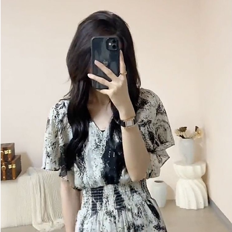 Jumpsuit thiết kế mùa hè 2022 cảm giác mực vẽ in mưa sương mù Giang Nam thời trang jumpsuit eo thon cổ chữ V quần dài