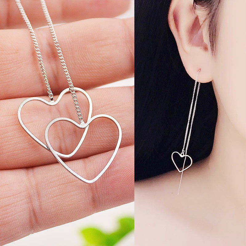 Khuyên tai dáng dài mặt hình trái tim phong cách Hàn Quốc