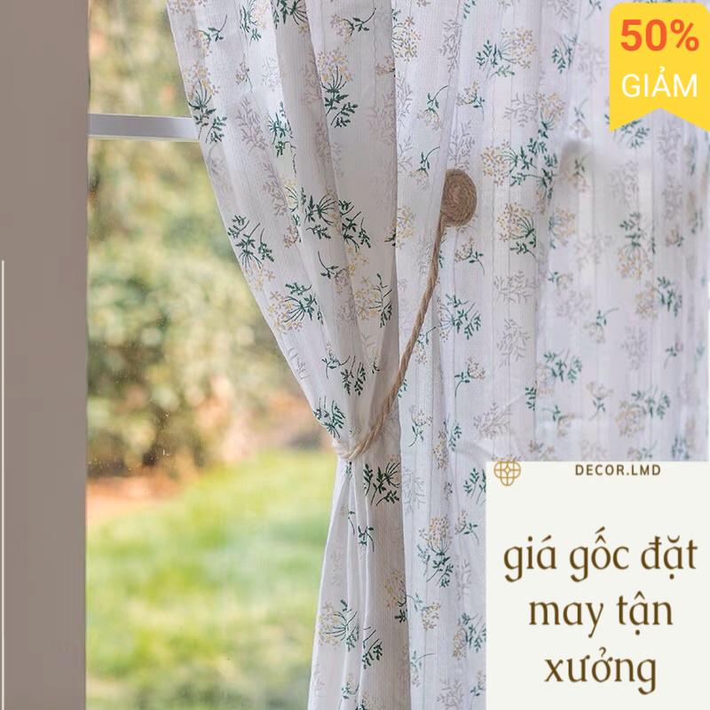 Rèm cửa, rèm che kệ bếp linen thêu hoa xanh lá thơ mộng chống nắng cao cấp, màn vải treo tường trang trí decor cửa