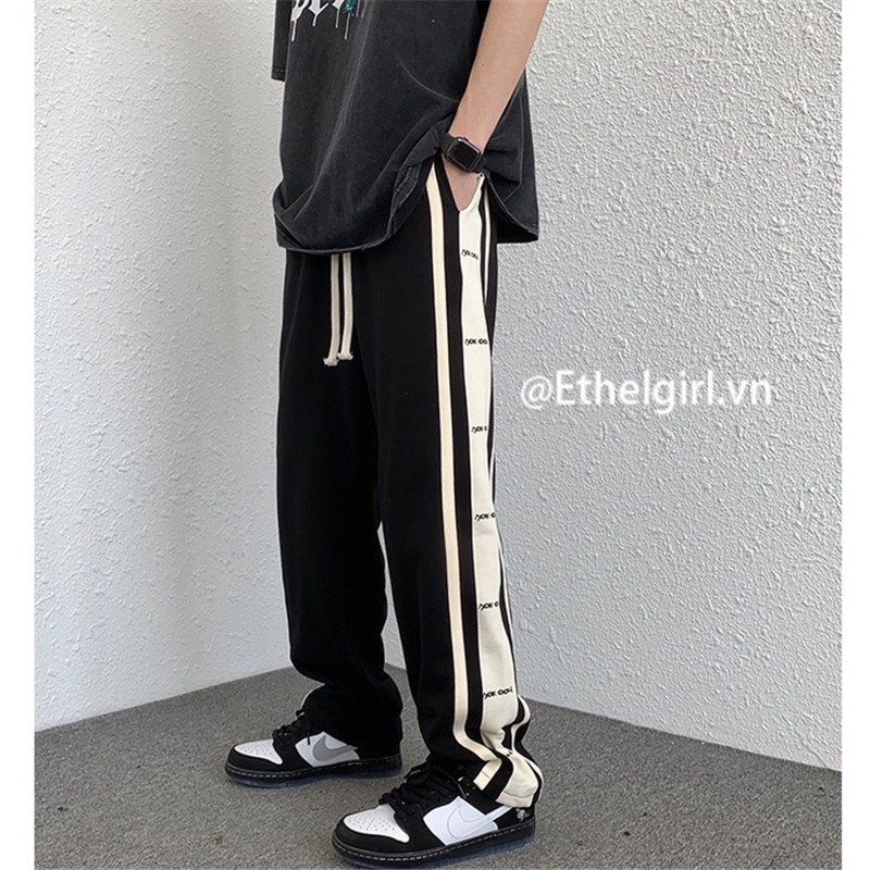 Quần Thể Thao Lưng Cao Ống Rộng In Họa Tiết Kẻ Sọc Bên Hông Phong Cách Đường Phố Mỹ Cho Nữ