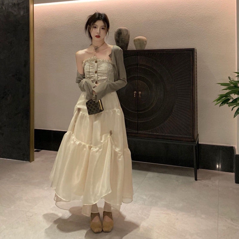 Đầm Dài Phối Lưới Phong Cách Hàn Quốc Cổ Điển Thời Trang Cho Nữ