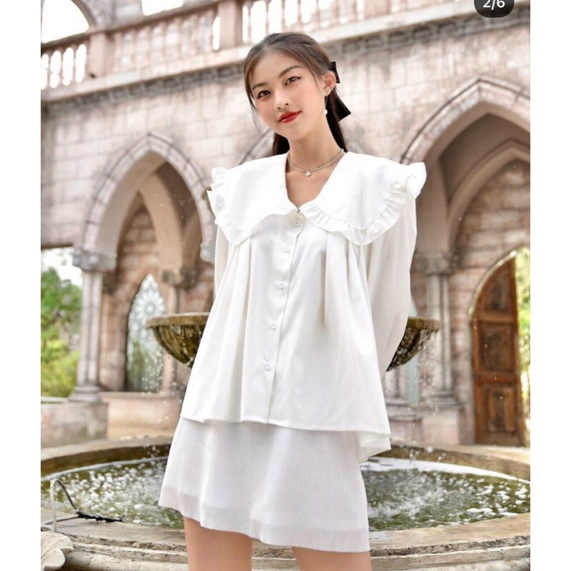 Áo sơmi babydoll cổ sen bèo tay phồng trắng xanh