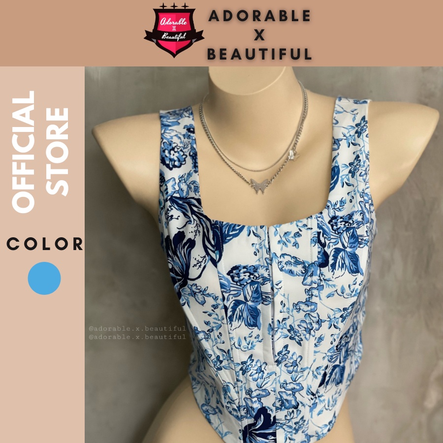 Áo Corset Hai Dây Họa Tiết Hoa Màu Xanh Dương Form Cao Cấp Hàng Nhập Không Gia Công [AdorablexBeautiful]