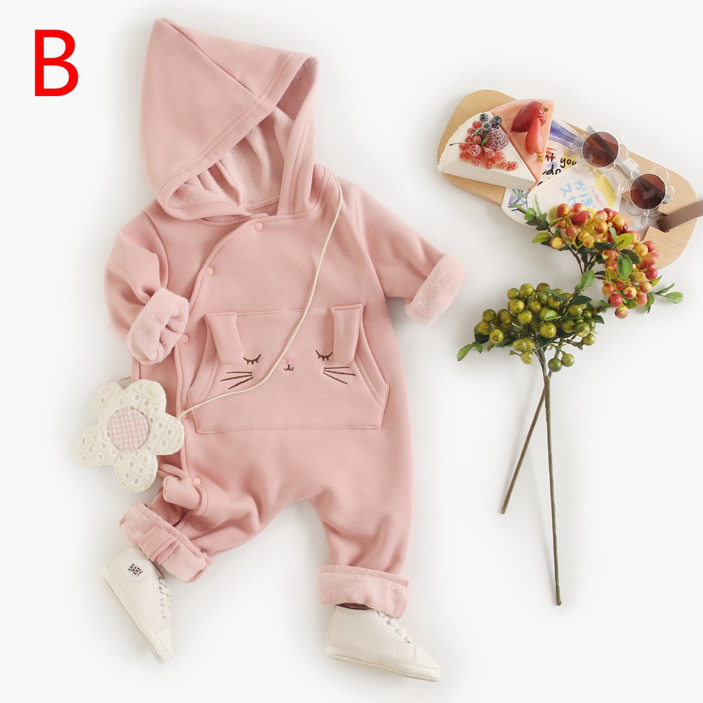 Bộ áo liền quần Sanlutoz tay dài in hoạt hình có mũ trùm phong cách thời trang mùa đông cho bé sơ sinh