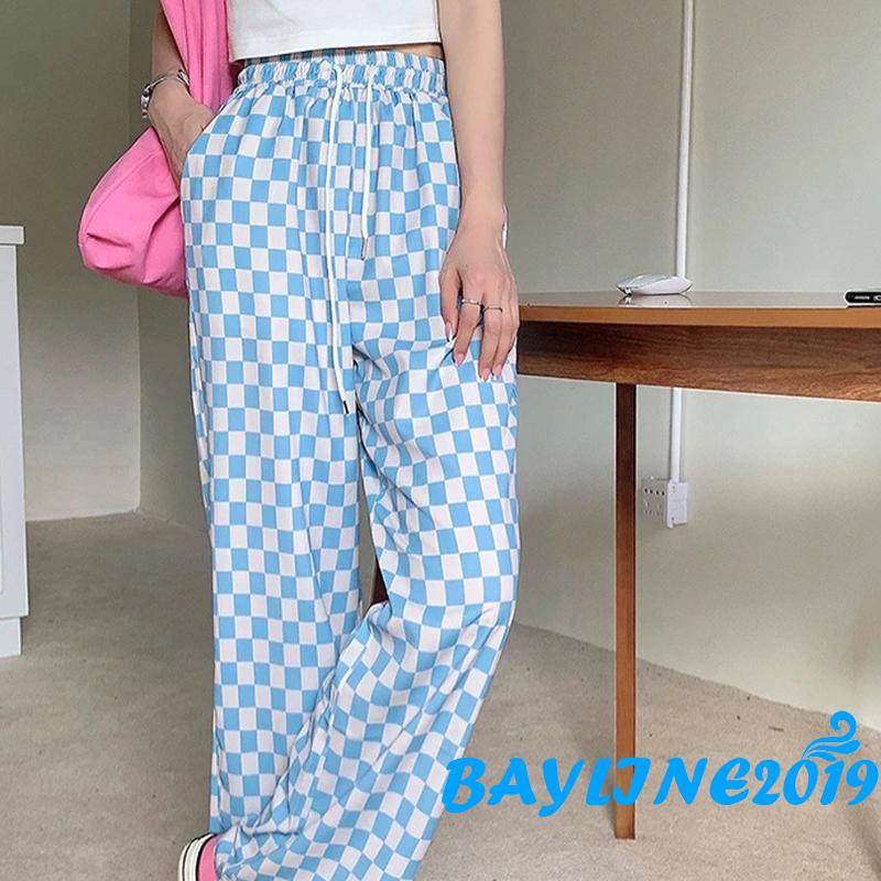 Quần dài ống suông lưng thun dây rút họa tiết kẻ sọc có thể điều chỉnh dành cho nữ