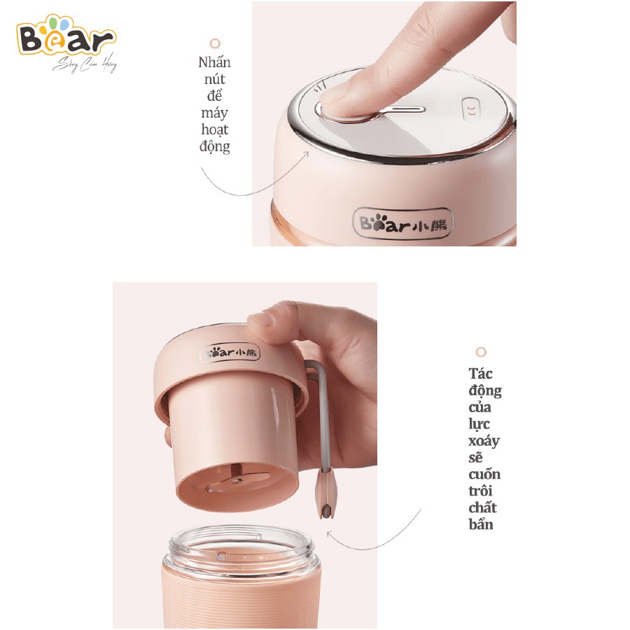 [Quốc tế] Cốc xay sinh tố mini cầm tay bỏ túi 400ml sạc pin Bear LLJ-B03C1 50W màu hồng - Hàng chính hãng