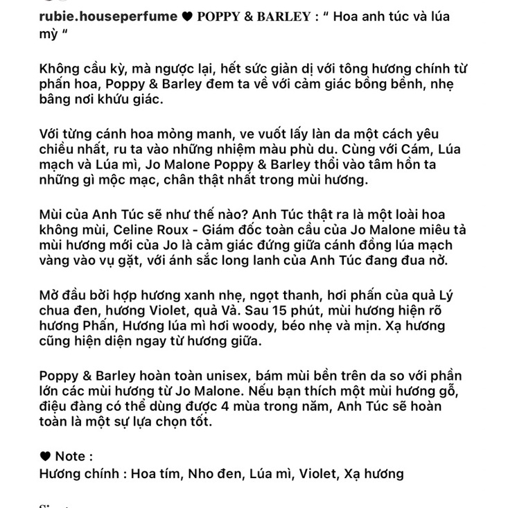 JO POPPY &amp; BARLEY - Cologne - 10ML Nước Hoa Chính Hãng