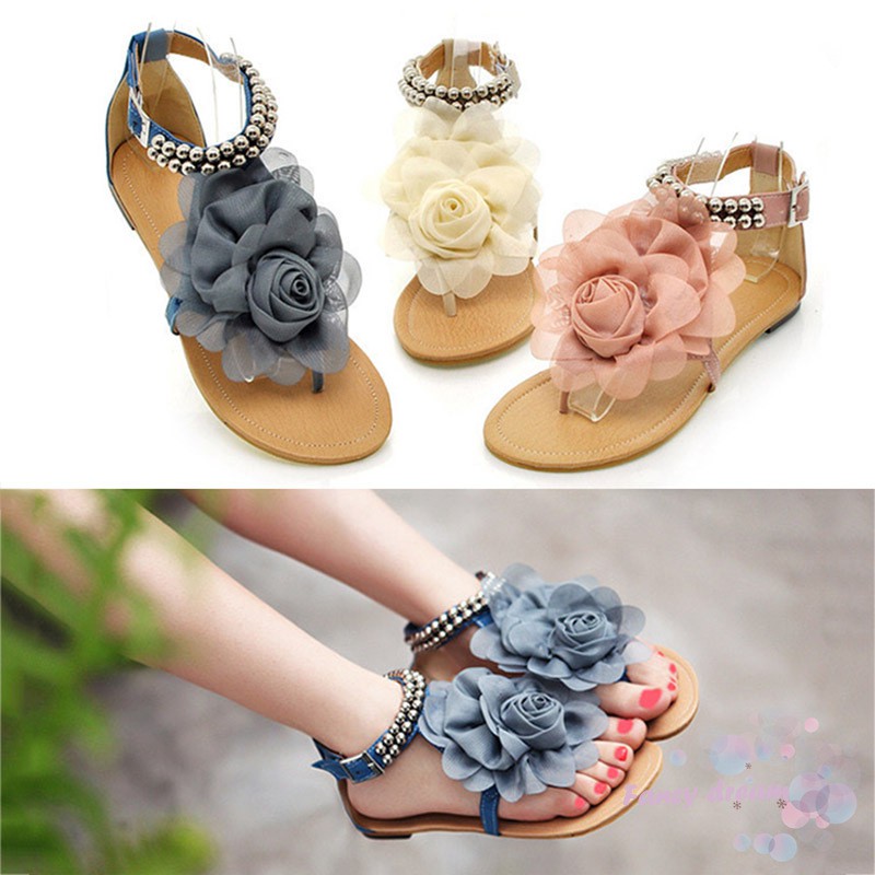 Sandal Nữ Xỏ Ngón Đế Bệt Đính Hoa Phong Cách Bohemian