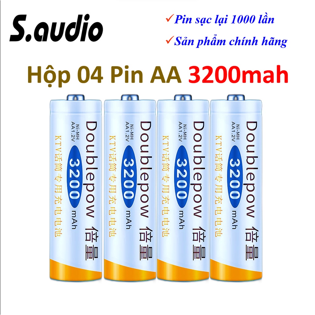 Hộp 4 pin aa 3200 mah sạc lại 1000 lần dung lượng cao , Pin tiểu aa sạc lại dung cho micro , mic loa kéo, điều khiển