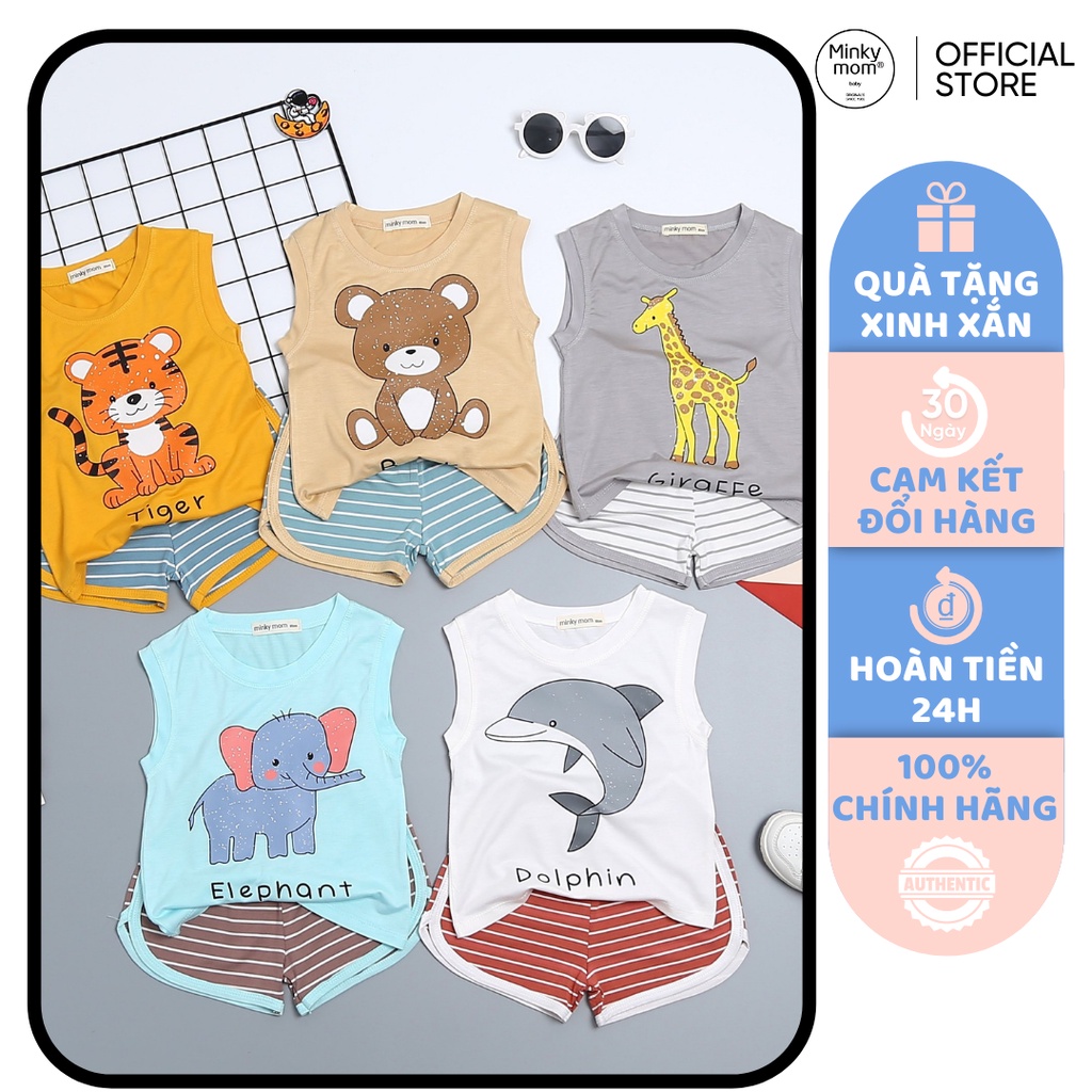 [SALE] Bộ Ba Lỗ Bé Trai, Bé Gái Minky Mom Vải Thun Lạnh Cá Heo Trắng Quần Kẻ, Áo Thun 3 Lỗ Cho Bé Mặc Hè MKM3LO2212