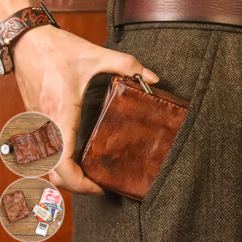 Ví Da Bò Mềm Nhiều Ngăn Đựng Thẻ Có Khóa Kéo Phong Cách Vintage