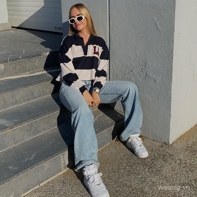 Áo polo tay dài kẻ sọc thời trang trẻ trung 1 màu lựa chọn