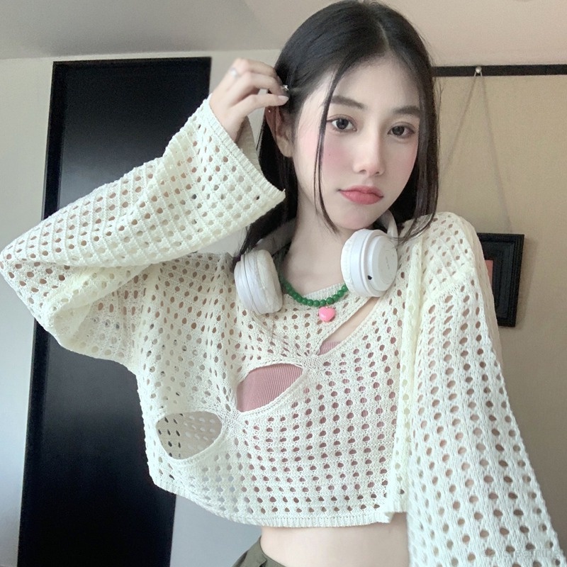 Áo Croptop Dệt Kim Phối Lưới Xuyên Thấu Phong Cách Hàn Quốc Quyến Rũ Dành Cho Nữ