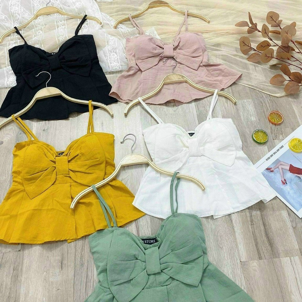 Áo kiểu hai dây nơ to trước ngực QC cục hot , chất đũi mềm mịn