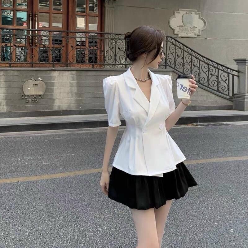 [Lanushop] Áo vest nữ chiết li eo tay ngắn sang chảnh 2 màu
