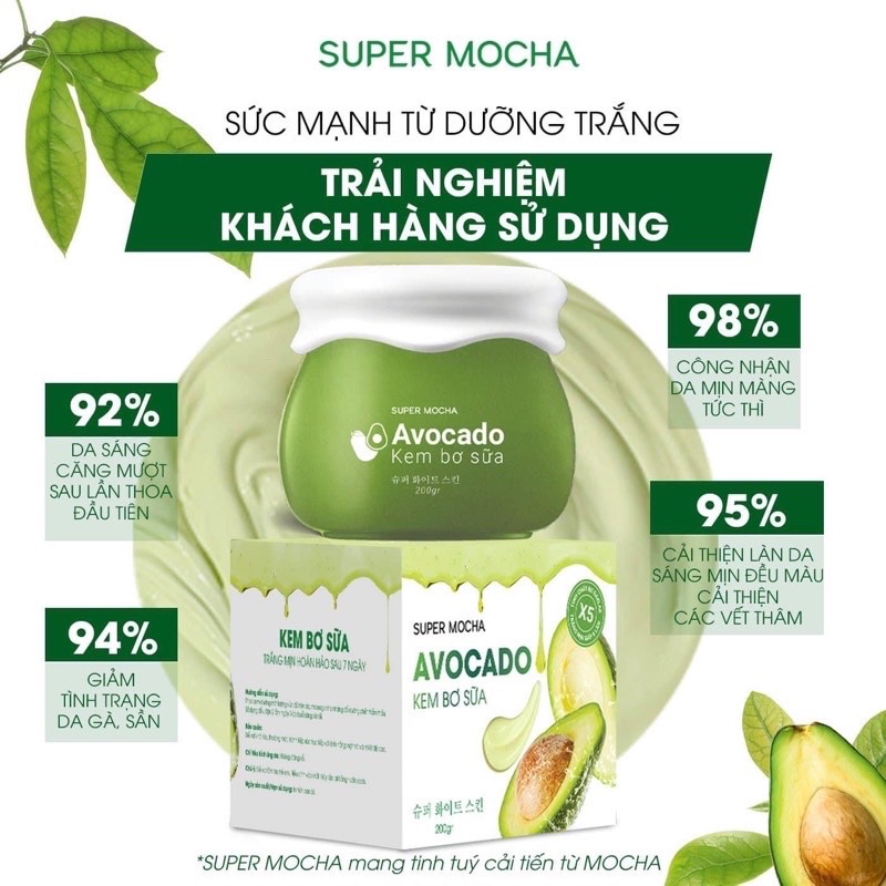 Kem bơ sữa SUPER MOCHA - Kem body bơ sữa Avocado Body Cream trắng mịn như bơ 200gr