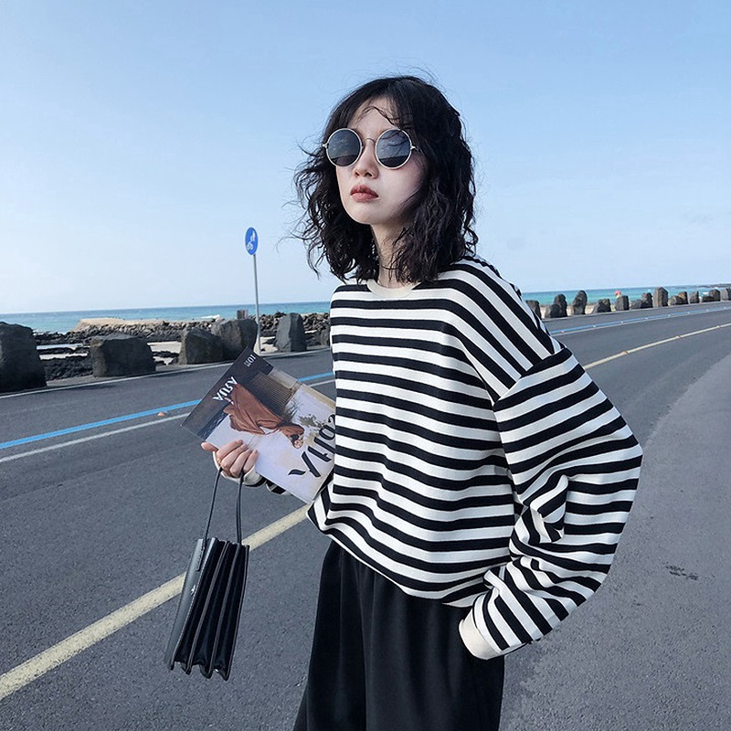 SUXI Áo thun tay dài sọc ngang phong cách Hàn Quốc