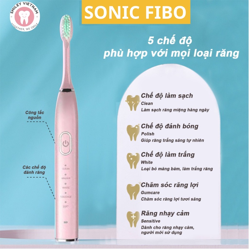 Bàn chải điện Sonic FIBO- Bàn chải đánh răng tự động công nghệ sạc 1 lần dùng 2 tháng - Giúp vệ sinh răng miệng hiệu quả