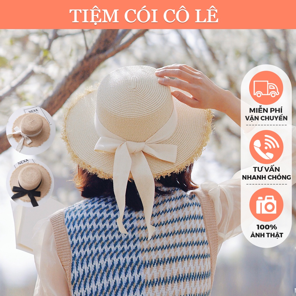 Nón cói đi biển vành rộng viền tua rua phối đai nơ xinh xắn - Tiệm Cói Cô Lê