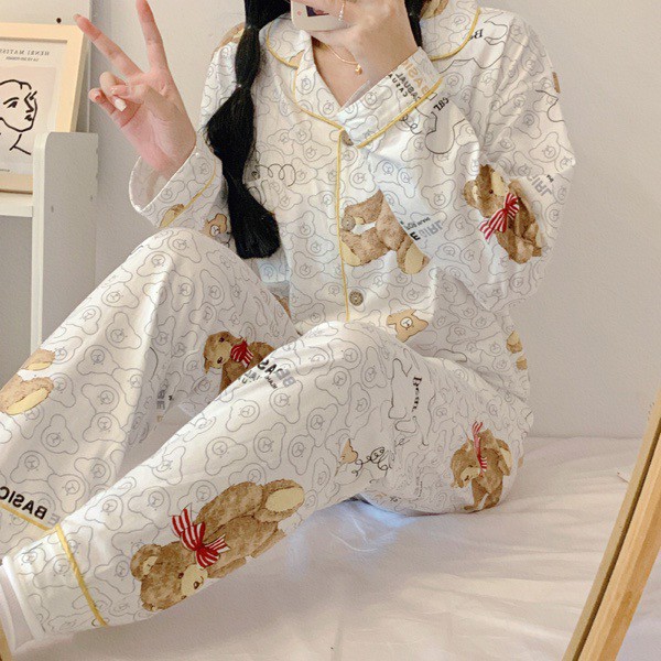 Bộ ngủ Pijama In Hình Gấu Kute Chất Cotton Ulzzang style Hàng Quảng Châu