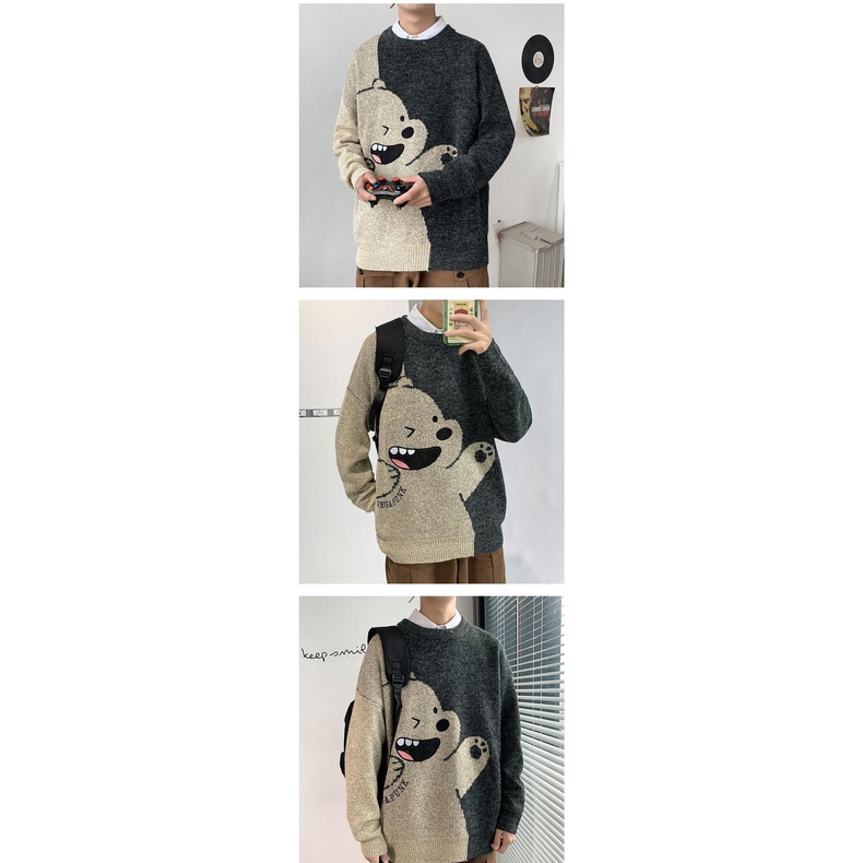 Áo Sweater Dệt Kim Tay Dài Dáng Rộng In Hoạt Hình Kiểu Hồng Kông Thời Trang Thu Đông Cho Nam Tf1