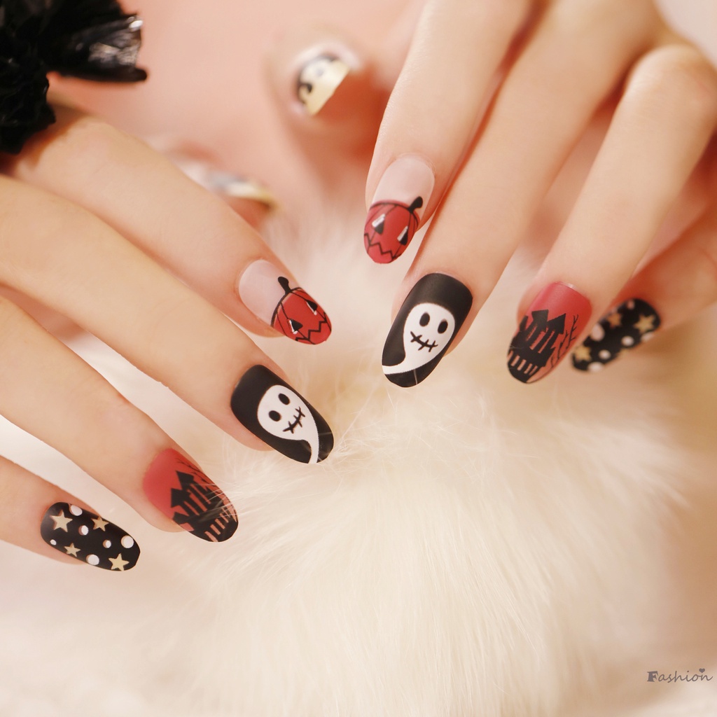 [Hàng mới về] Set 24 Móng Tay Giả In Họa Tiết Halloween Thời Trang