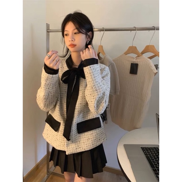 Áo khoác dạ vải tweed thắt nơ nữ tính phong cách Hàn Quốc 2022