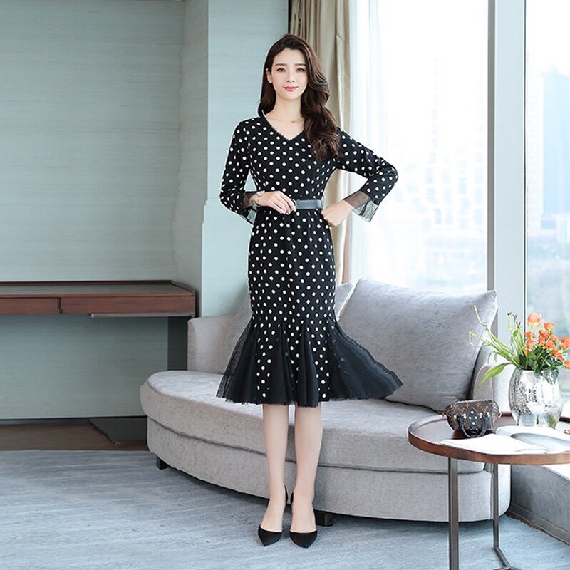 ĐẦM CHẤM BI ĐUÔI CÁ LƯỚI TẶNG NỊT