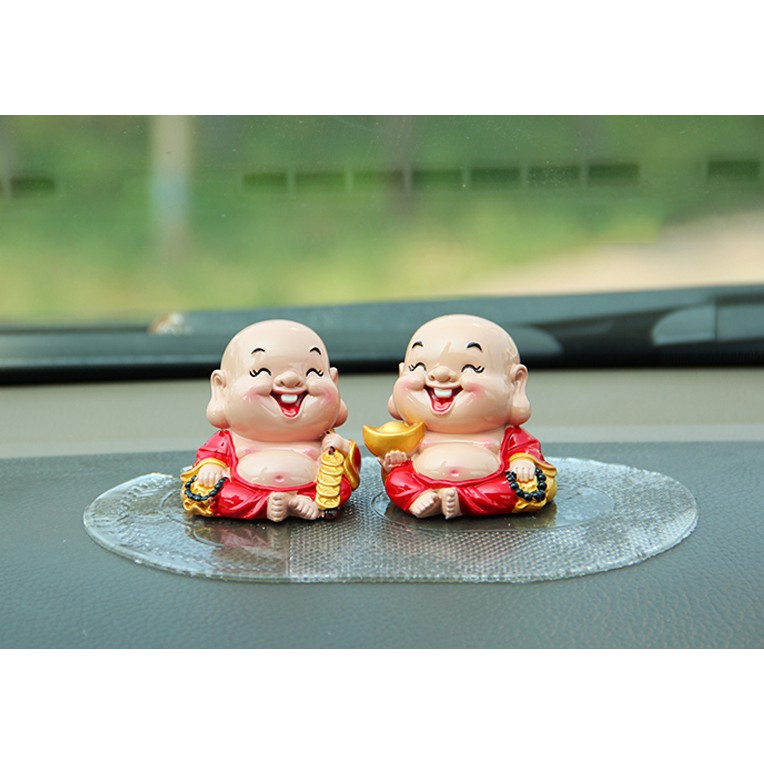 Bộ 02 tượng chibi Di Lặc 6cm kèm xâu chuỗi gỗ đỏ 6mm