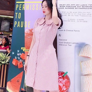 Đầm váy freesize caro hồng cổ sen