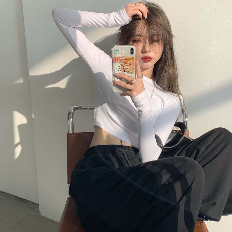 Áo Thun Tay Dài Dáng Ngắn Phong Cách Hàn Quốc Thời Trang Mùa Đông Cho Nữ