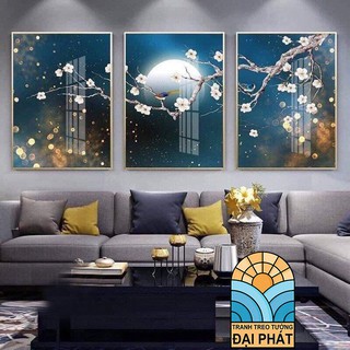 Tranh hoa mai trắng nền xanh mới 50x70cm