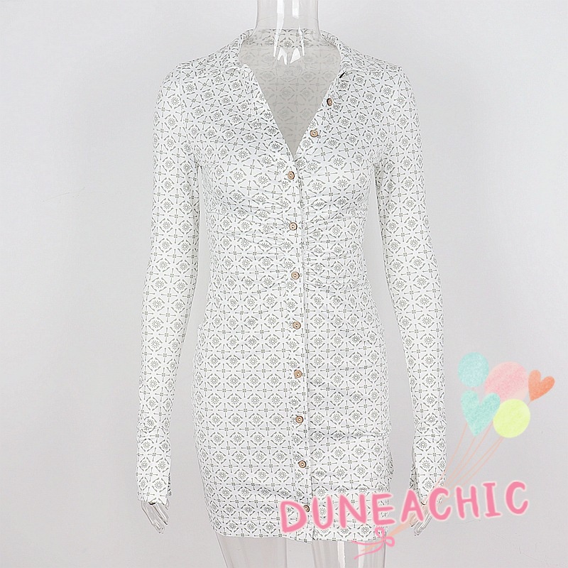 DUNEA Đầm Tay Dài Họa Tiết Sọc Caro Phối Hàng Nút Thời Trang Du Lịch