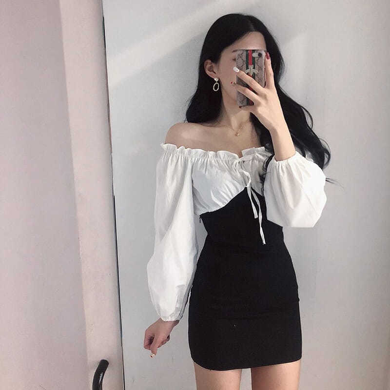 Đầm Trễ Vai Phối Màu Đen Trắng Thời Trang Cho Nữ | BigBuy360 - bigbuy360.vn