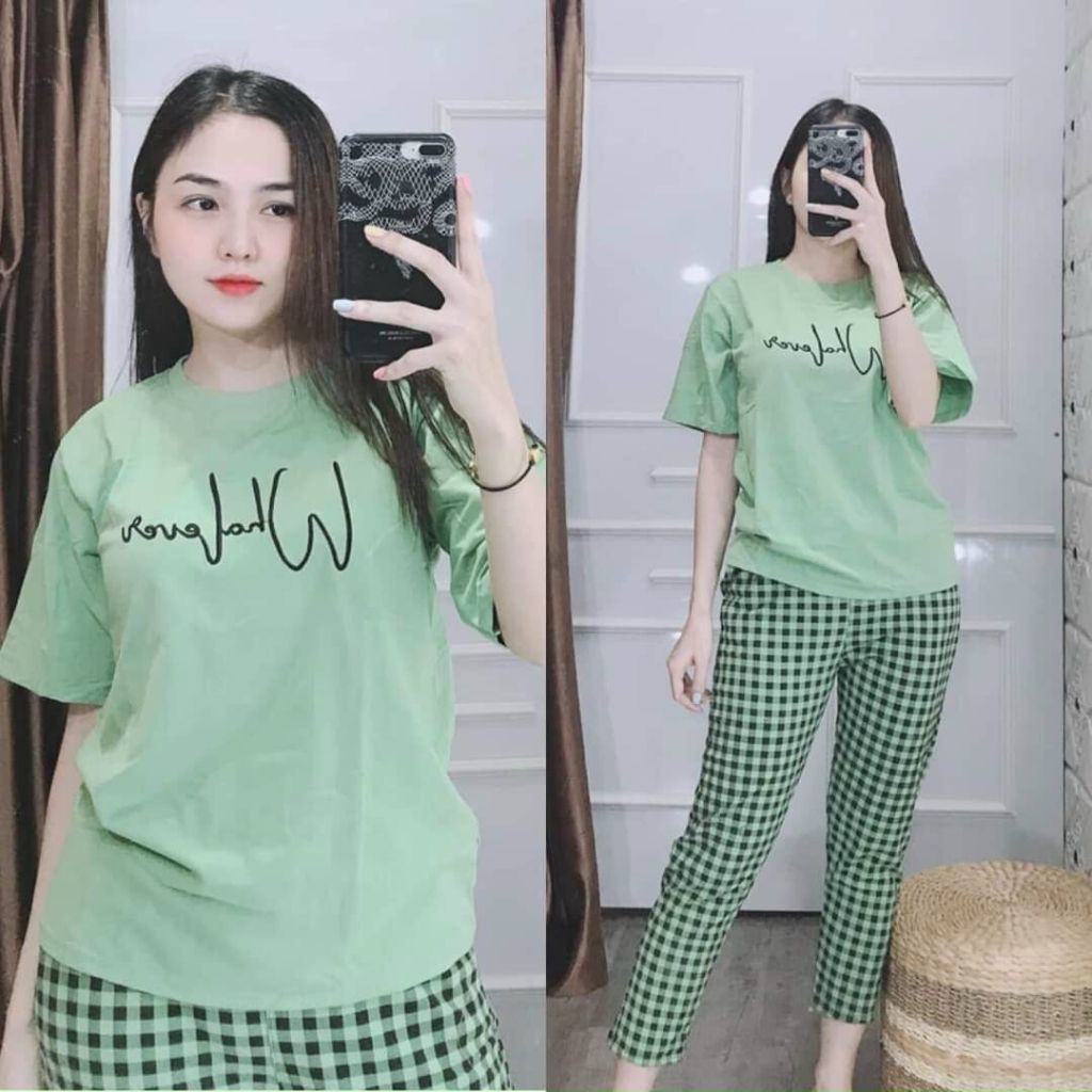 Đồ bộ nữ đồ mặc nhà Bigsize thun cotton chữ thêu quần dài carô co giãn Sét đồ bộ nữ dễ thương trung niên ESHOP DB05